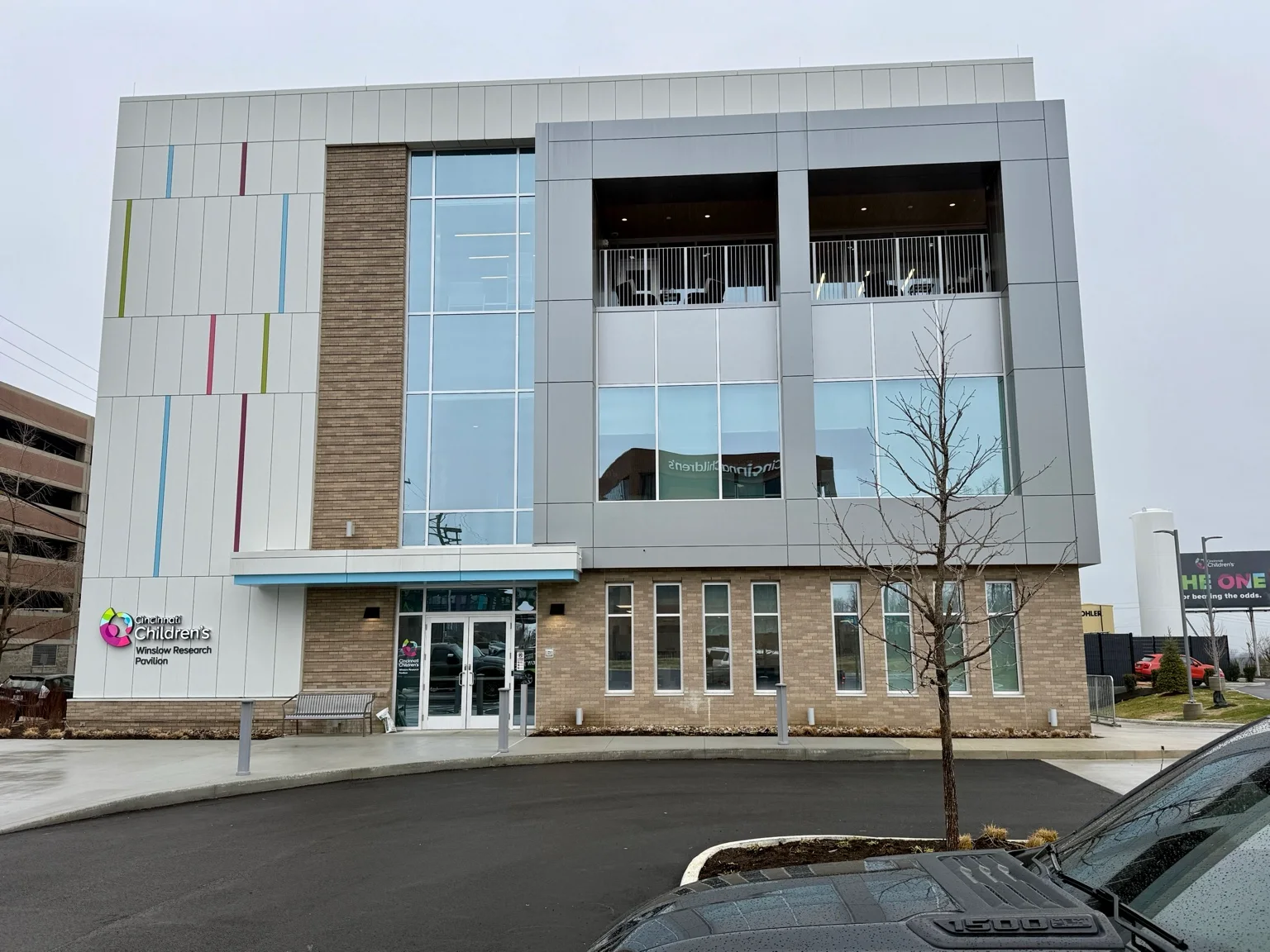Exterior of the Winslow Research Pavilion; the building sign confirms the Winslow spelling.